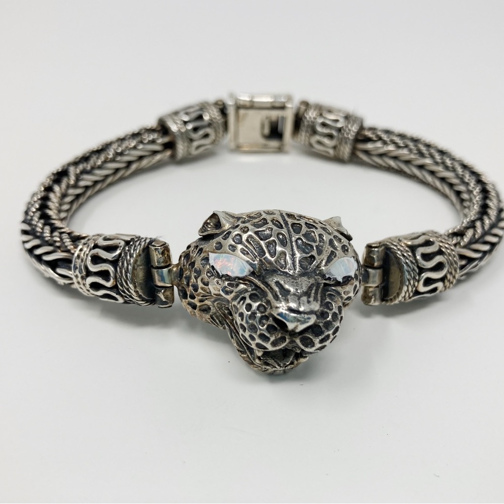 Bali Handmade Bracelet Sterling Silver .925 Men Cheetah white Eyes